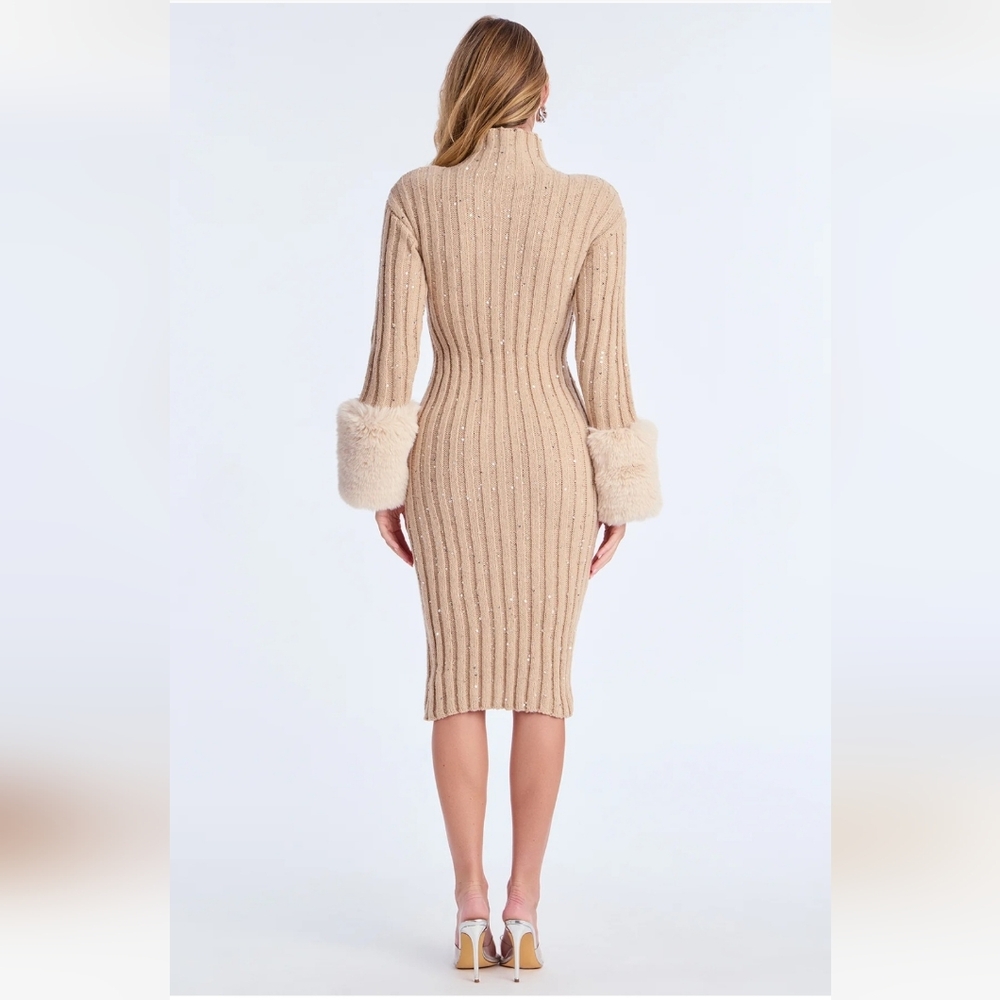 Sweater Dress W/Faux Fur Cuffs, Tonal Sequins, Tan, Sz XL BODYCON Midi, NEW! - Picture 5 of 10